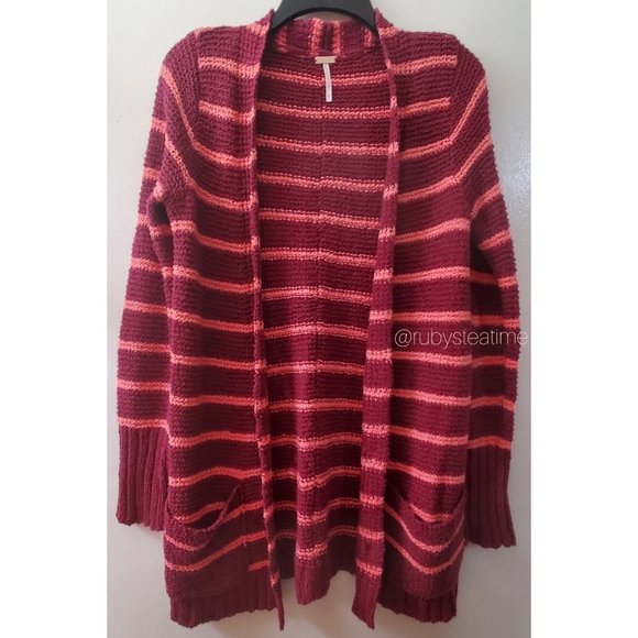 FREE PEOPLE BEACH - Long Cardigan, Stripe, Open Knit, Large Buttons - Picture 3 of 12